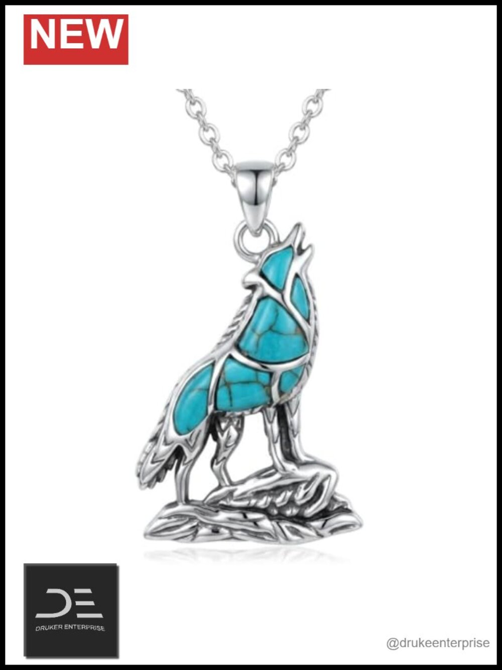 Genuine Turquoise Howling Wolf Pendant Necklace 925 Sterling Silver Women's